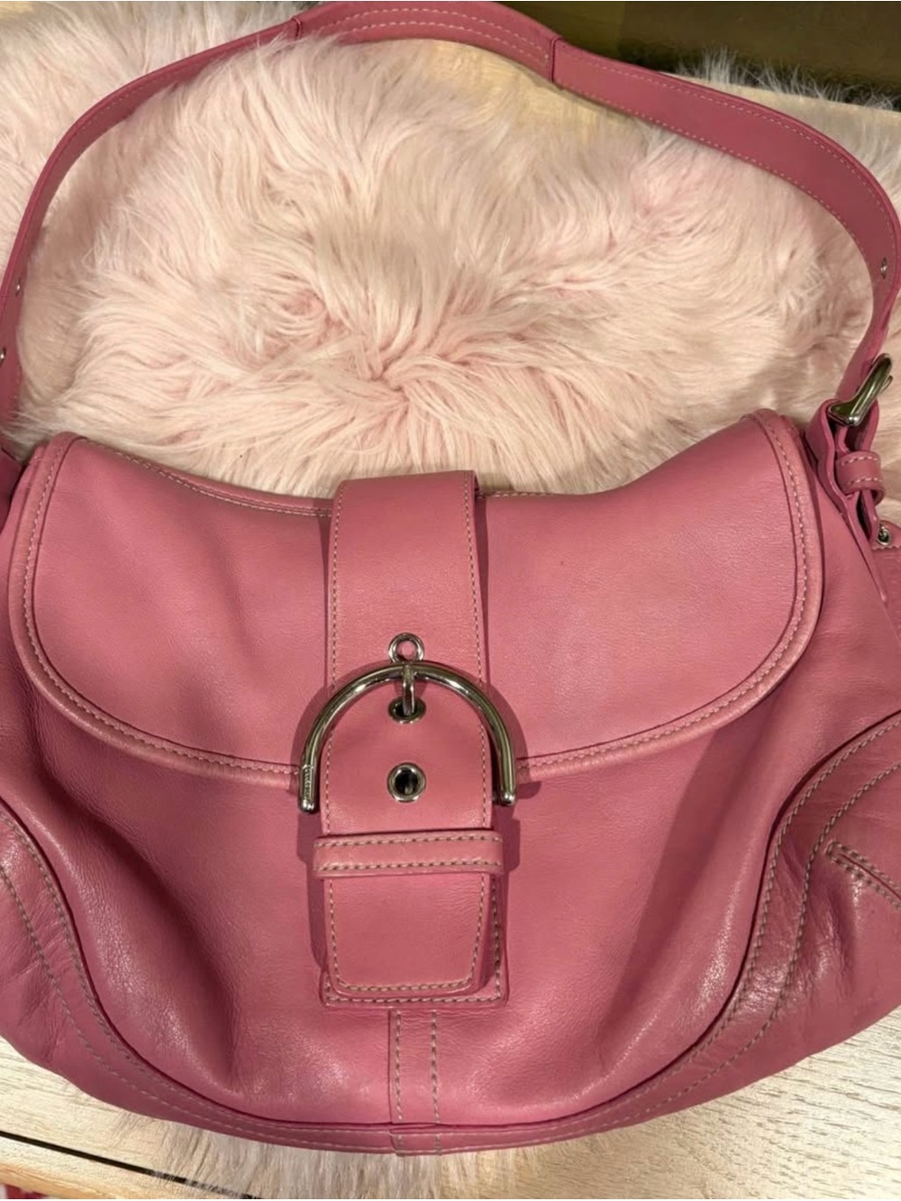 Vintage Coach Pink Leather Shoulder Bag with Silver Buckle